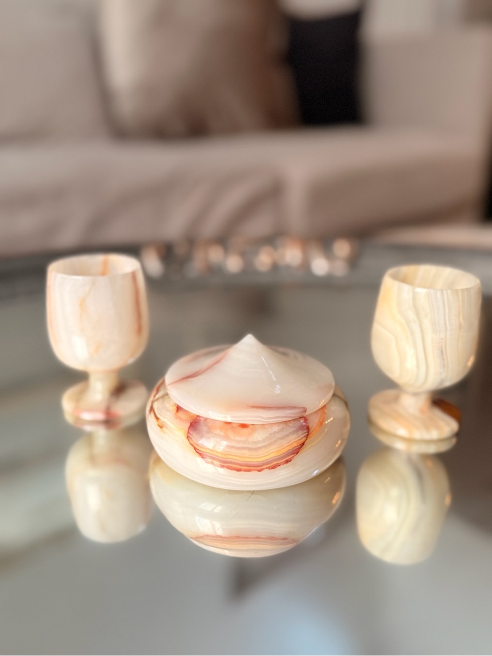 Vintage Argentine Onyx Goblets & Lidded Trinket Box Set – Handmade in Argentina